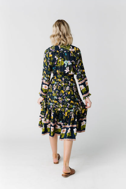 Back view of navy floral midi dress