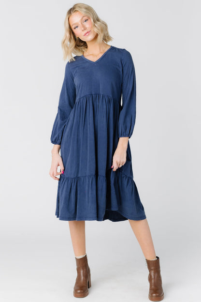 Citrus by Brass and Roe modest long sleeve midi dress in blue