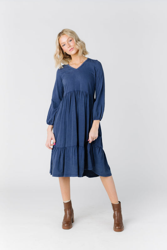 Citrus by Brass and Roe modest long sleeve midi dress in blue