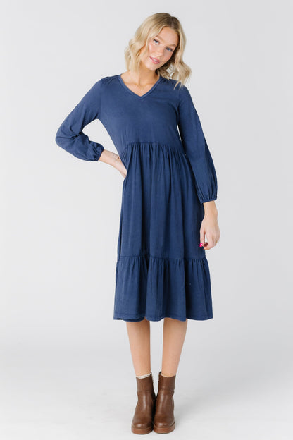 Modest blue long sleeve midi dress