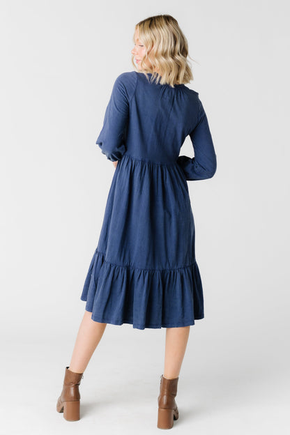 Back view of blue midi dress