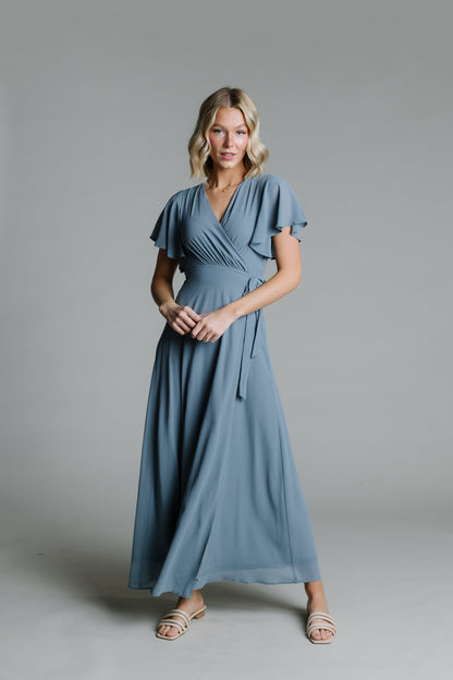 Brass and Roe modest bridesmaid dress in dusty blue