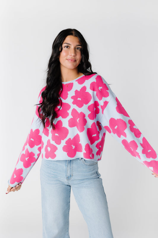 Jacquard Crop Sweater WOMEN'S SWEATERS Wishlist Sky/Fuchsia S 
