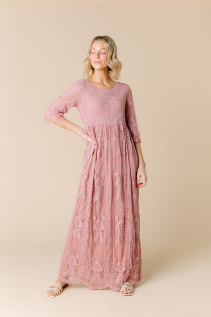 Modest all lace maxi bridesmaid dress in rose pink