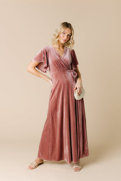 Velvet dusty pink wrap modest maxi