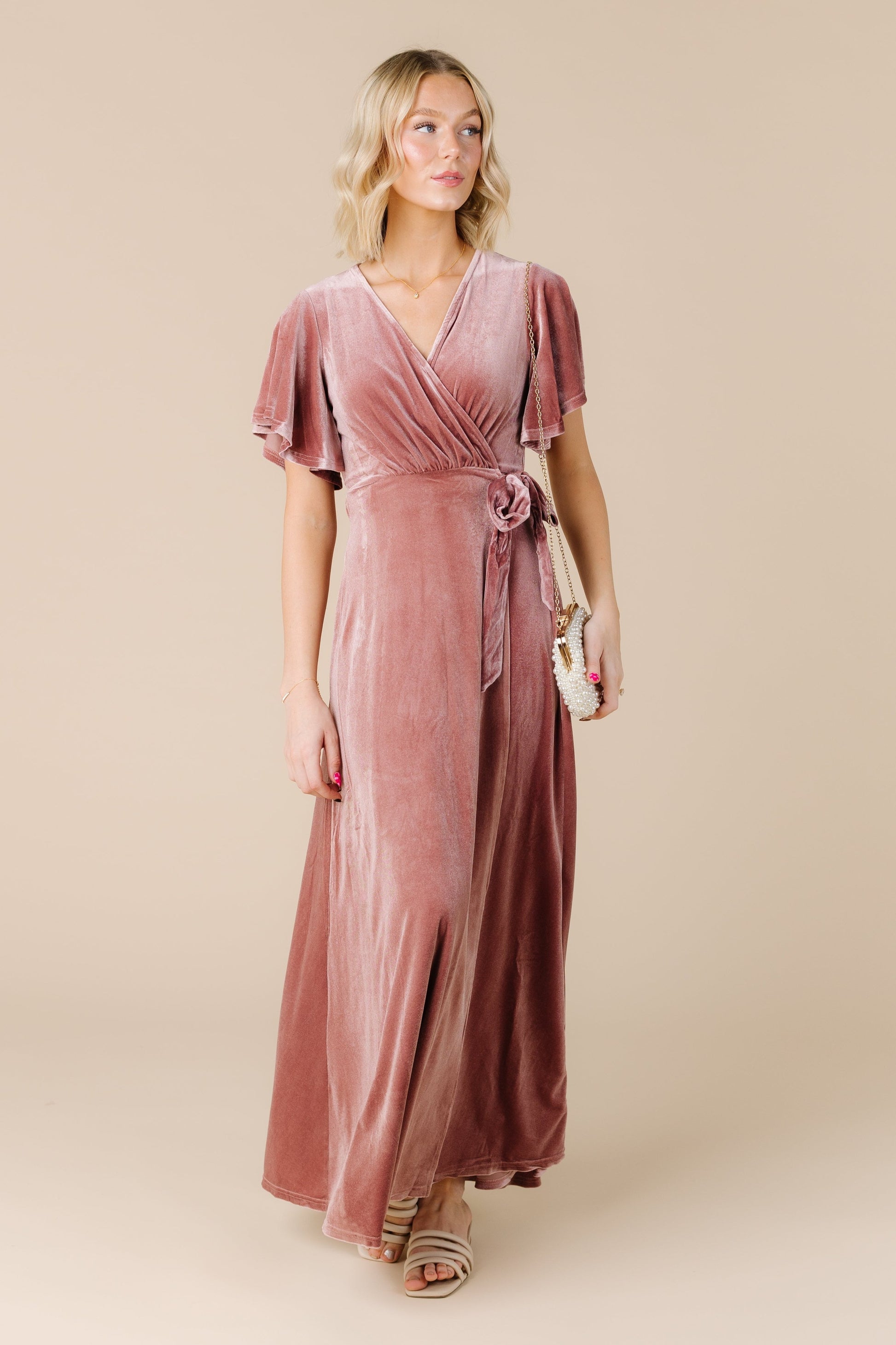 dusky pink velvet dress Short Flutter Sleeves Slit Dusty Pink Velvet Dress