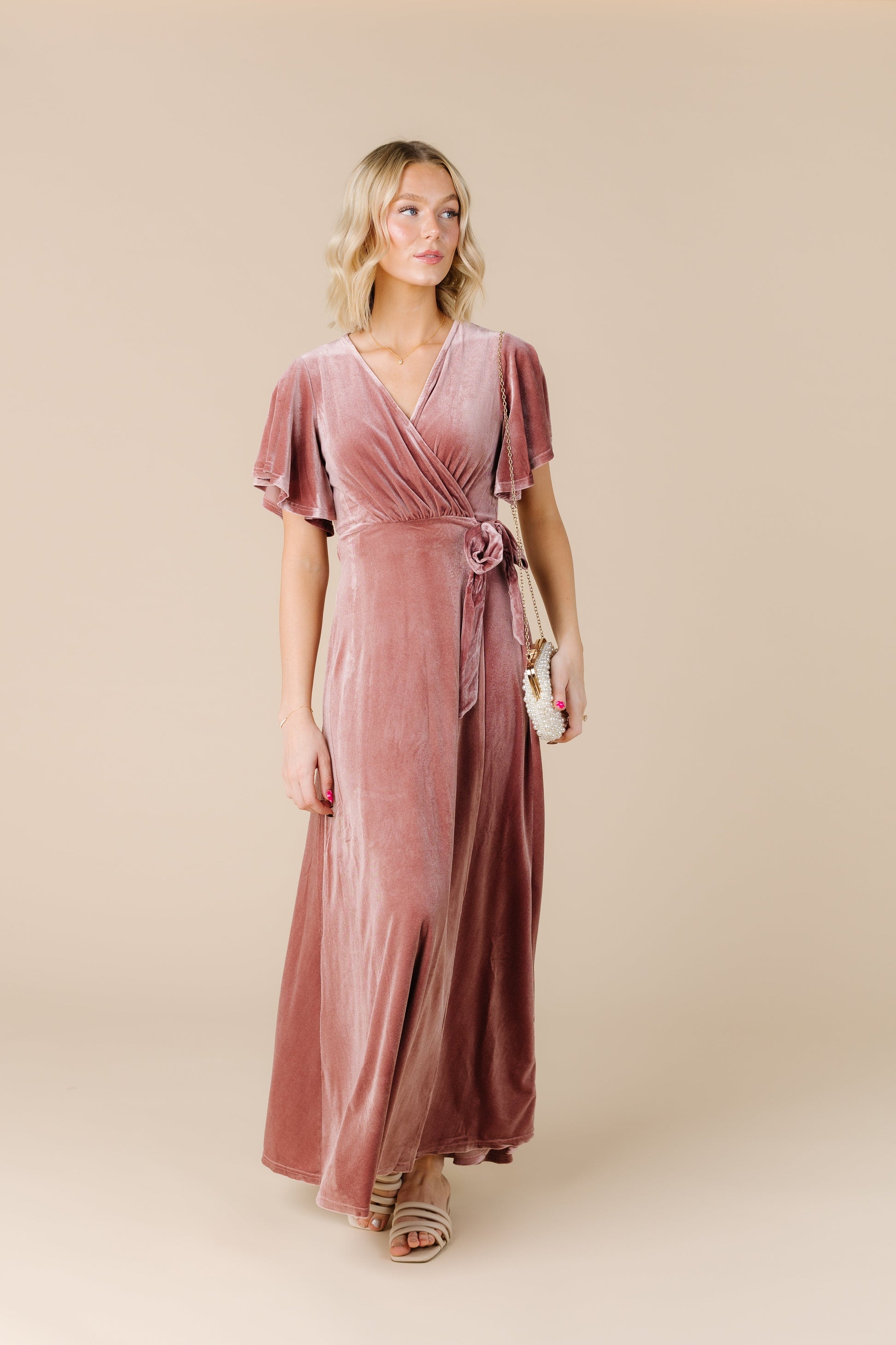 Brass and Roe Arbor modest velvet wrap maxi bridesmaid dress in dusty pink