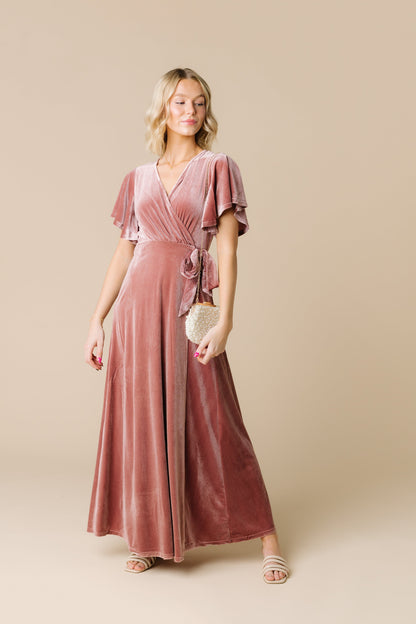 Soft velvet dusty pink modest bridesmaid dress