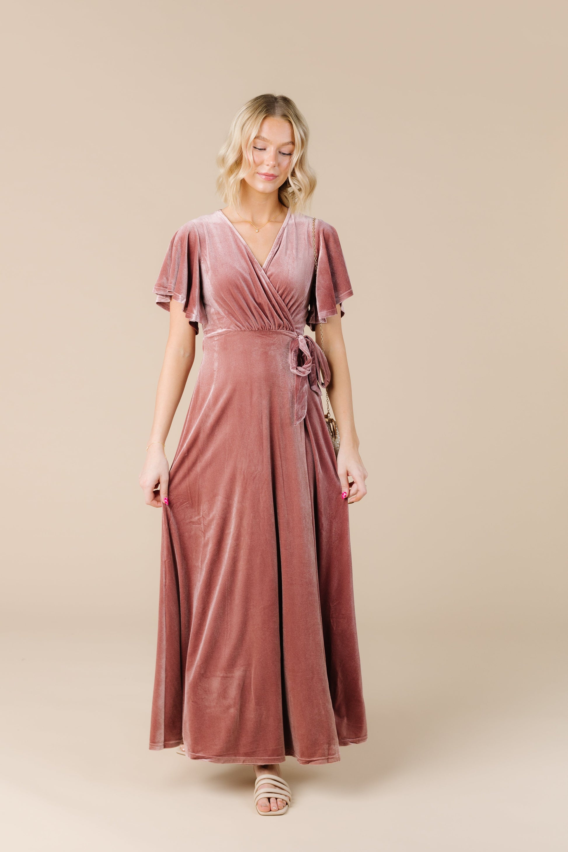 Dusty pink bridesmaid dress in soft velvet