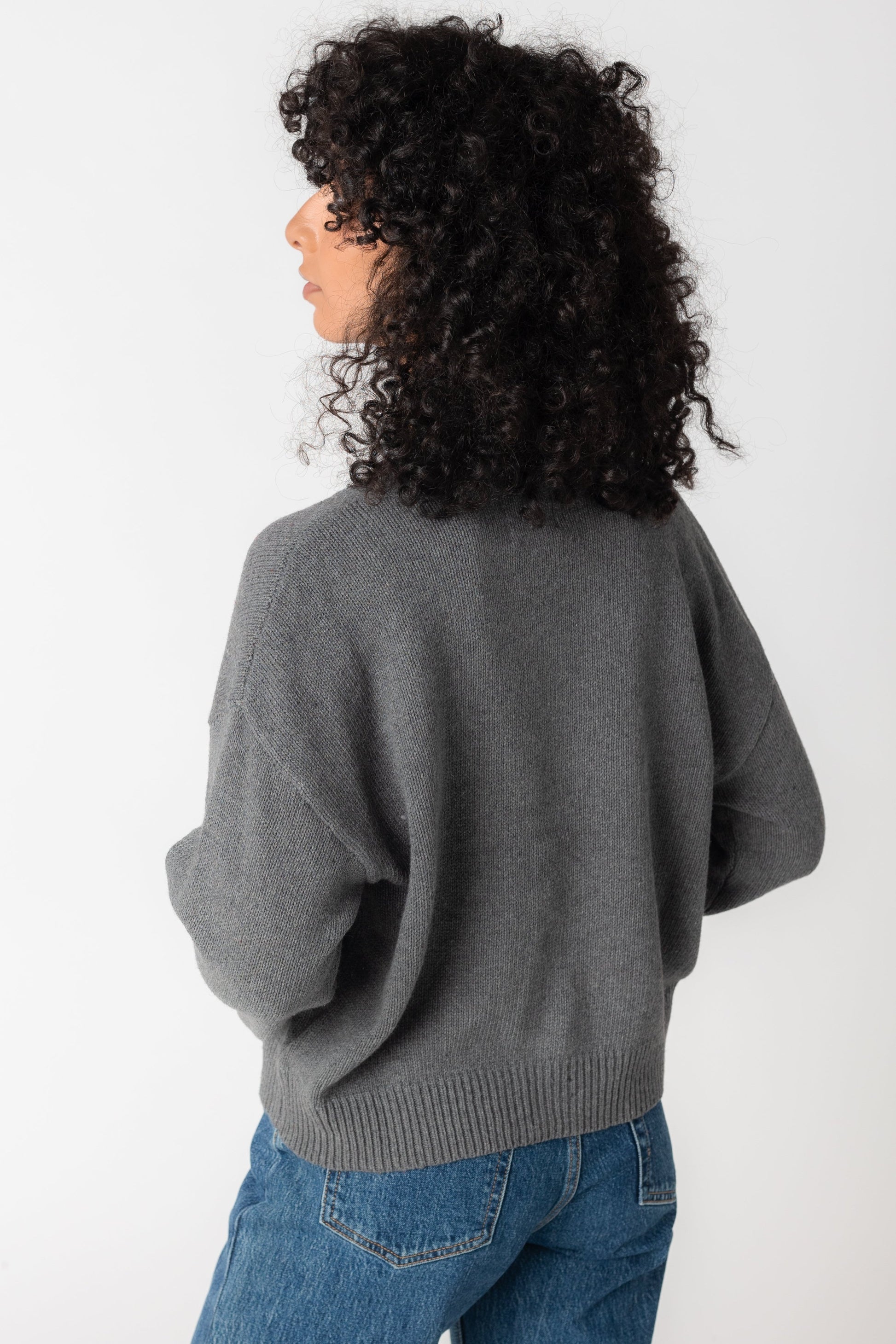 Back view of grey long sleeve cardigan