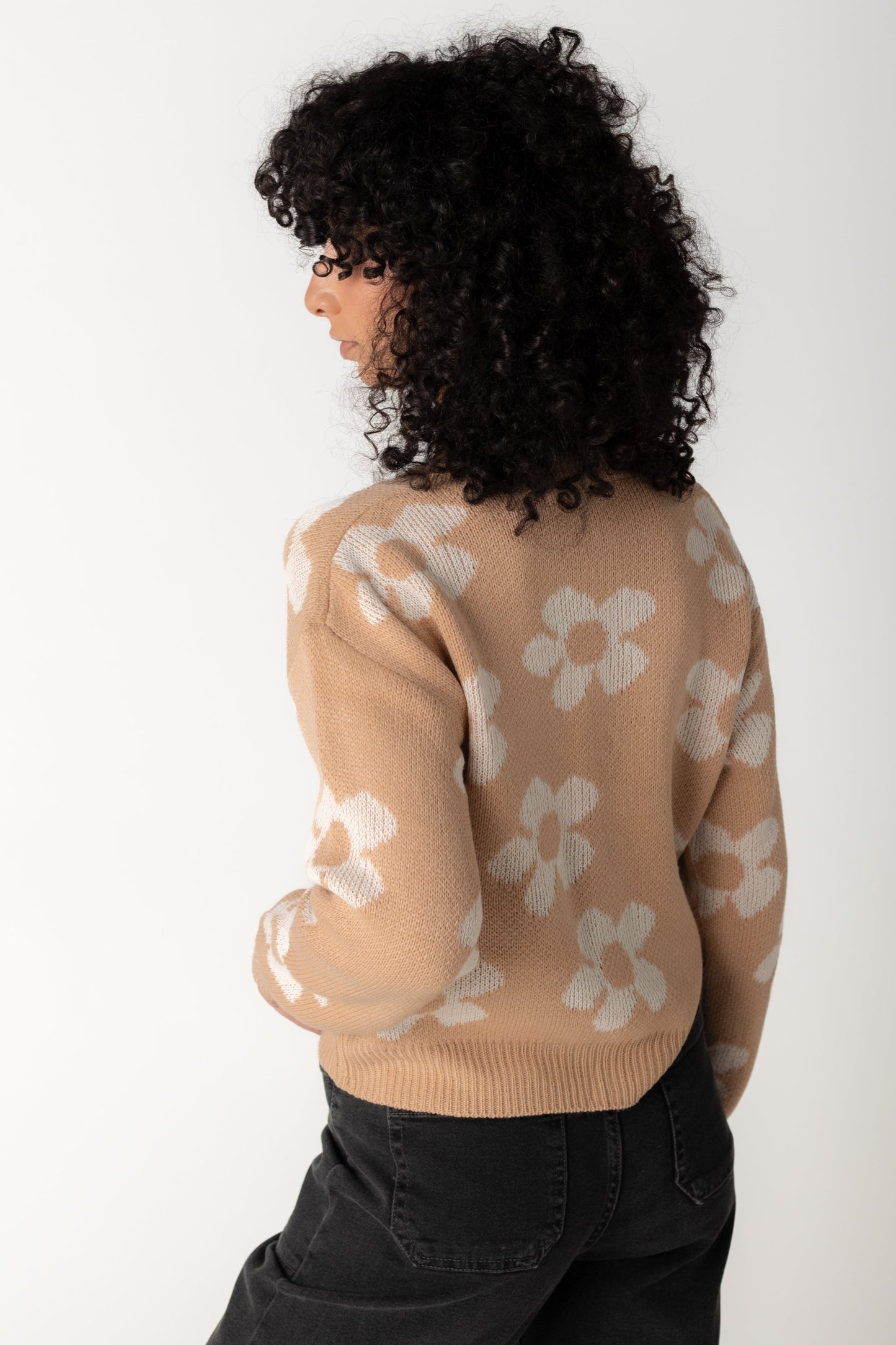 Back view of khaki floral sweater