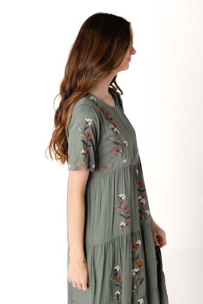 Jade tiered midi dress with embroidery 