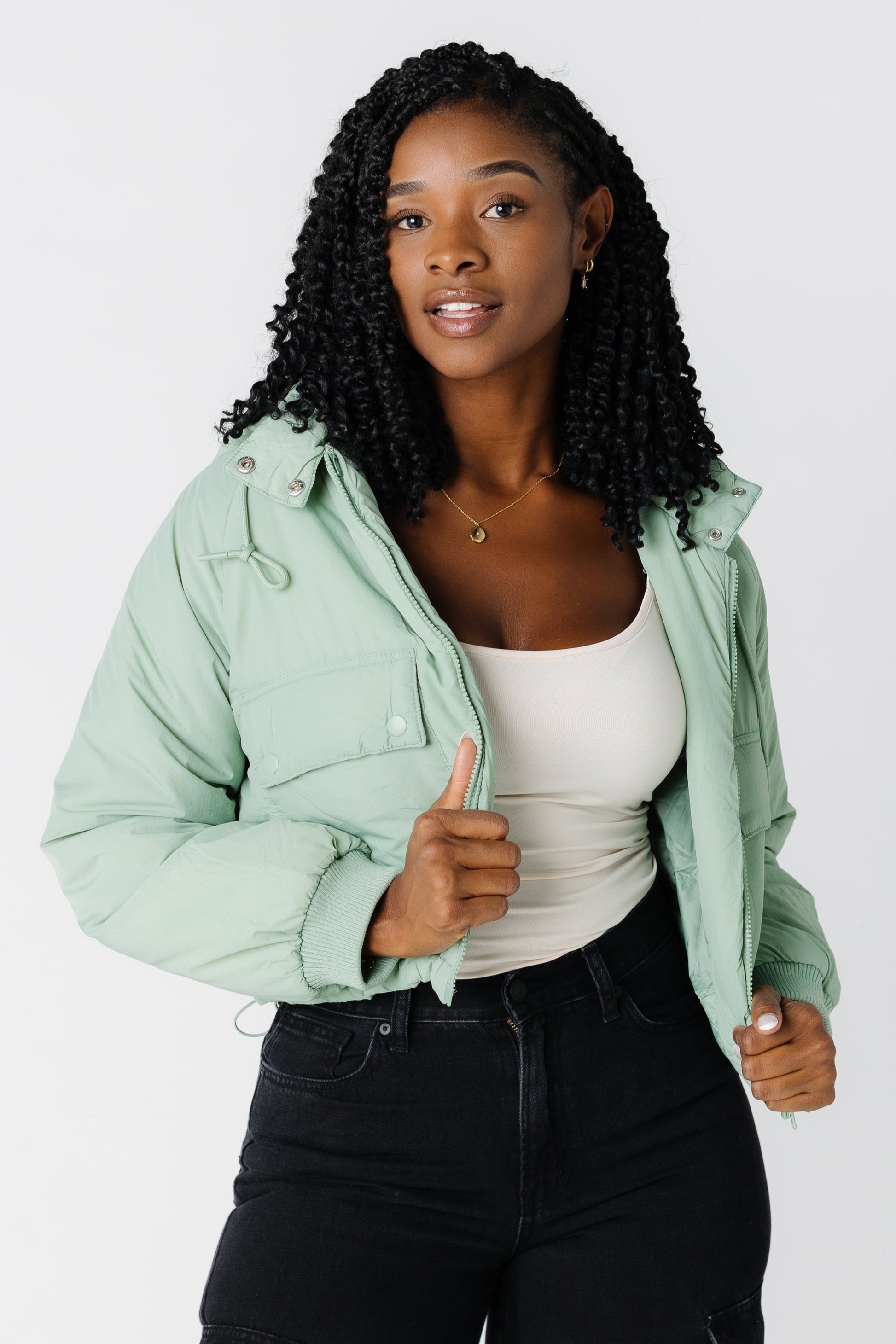 Mint waist length puffer jacket with hood