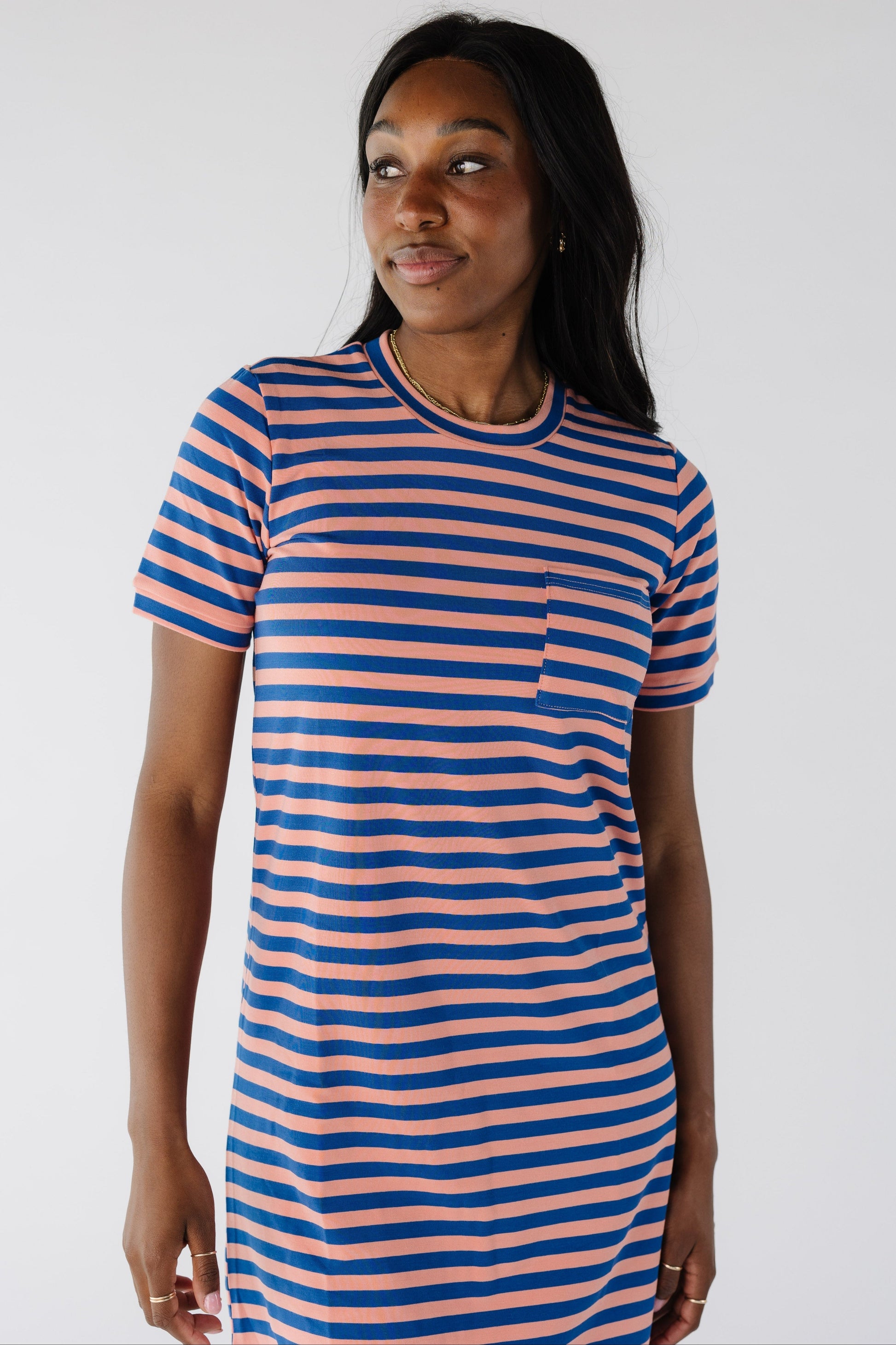 Brass & Roe All Day Stripe T-Shirt Dress WOMEN'S DRESS brass & roe Navy/Pink XS 