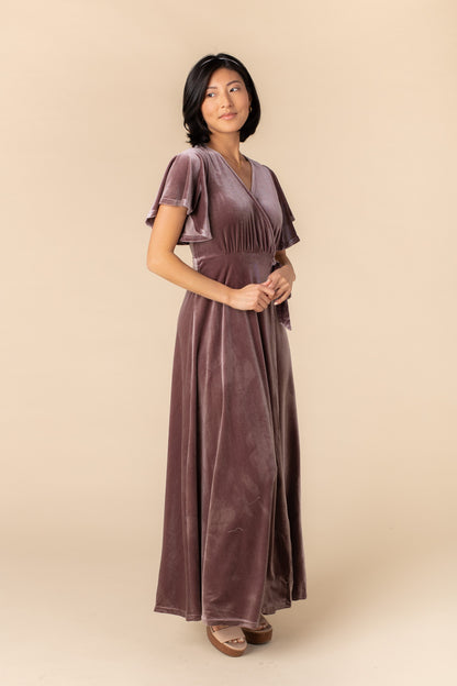 Velvet wrap maxi bridesmaid dress in deep rose