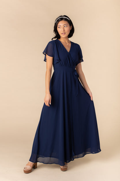 Brass and Roe modest navy chiffon bridesmaid dress