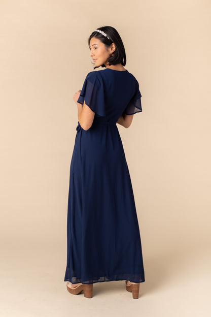 Back view of navy chiffon maxi dress