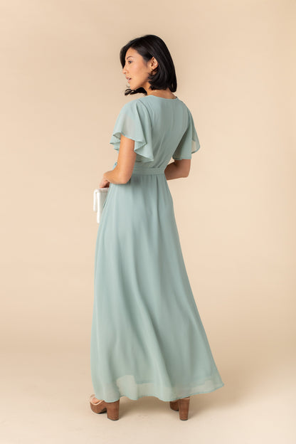 Back view of dusty green maxi dress