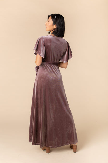 Back view of deep rose velvet maxi dress