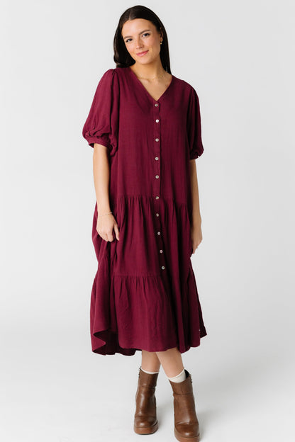 Wine modest button down dress