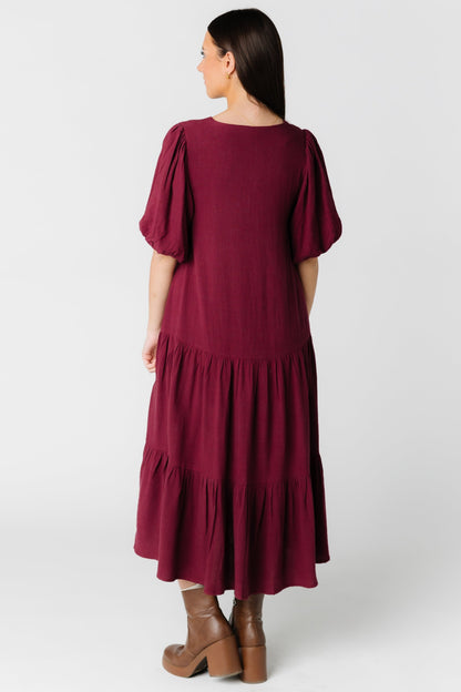 Back view of Lara modest wine loose fitting dress