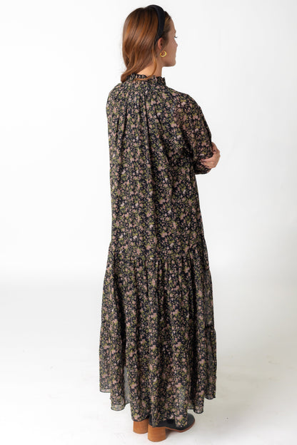 Back view of black floral maxi