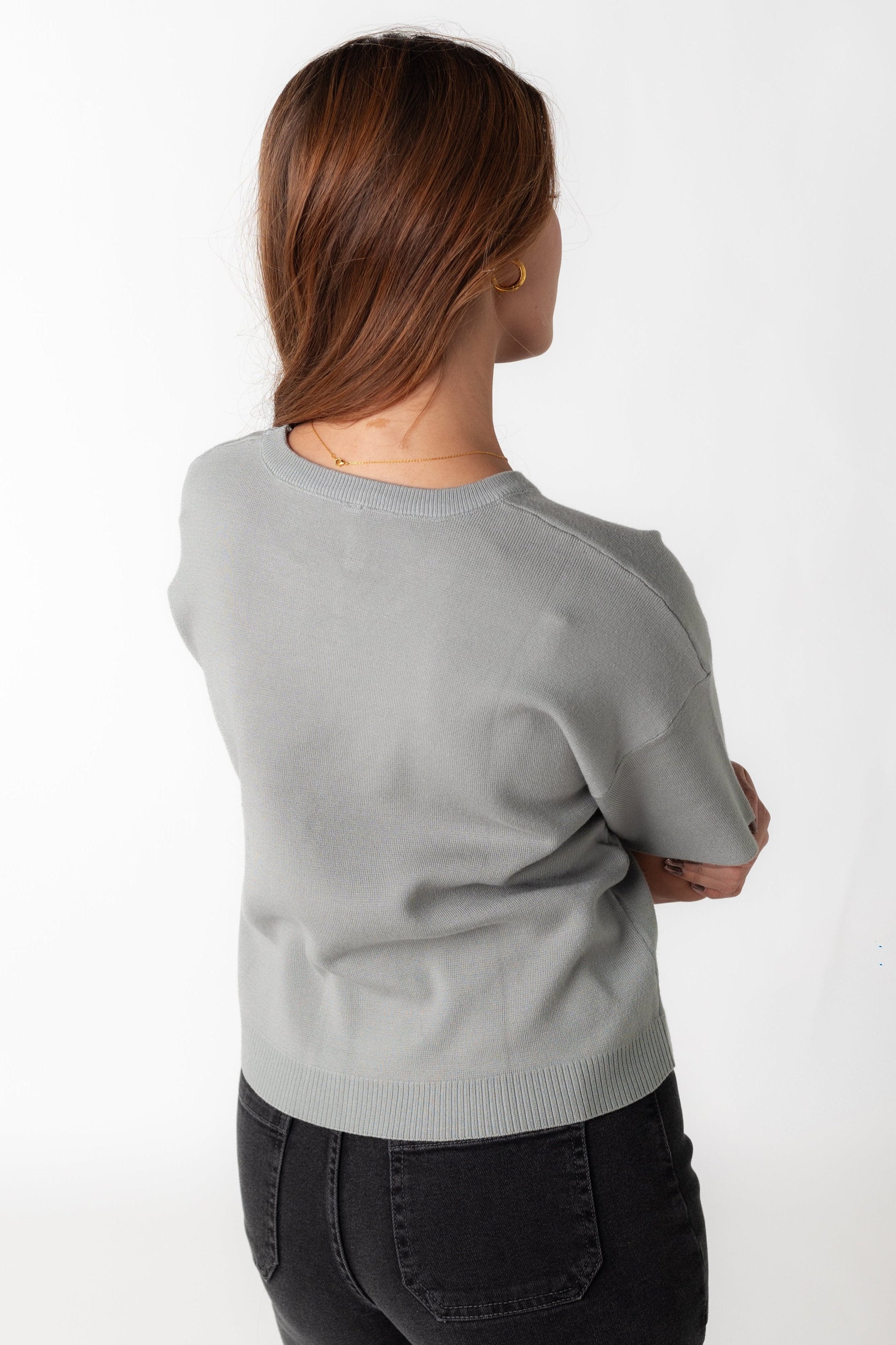 Back view of mint short sleeve sweater