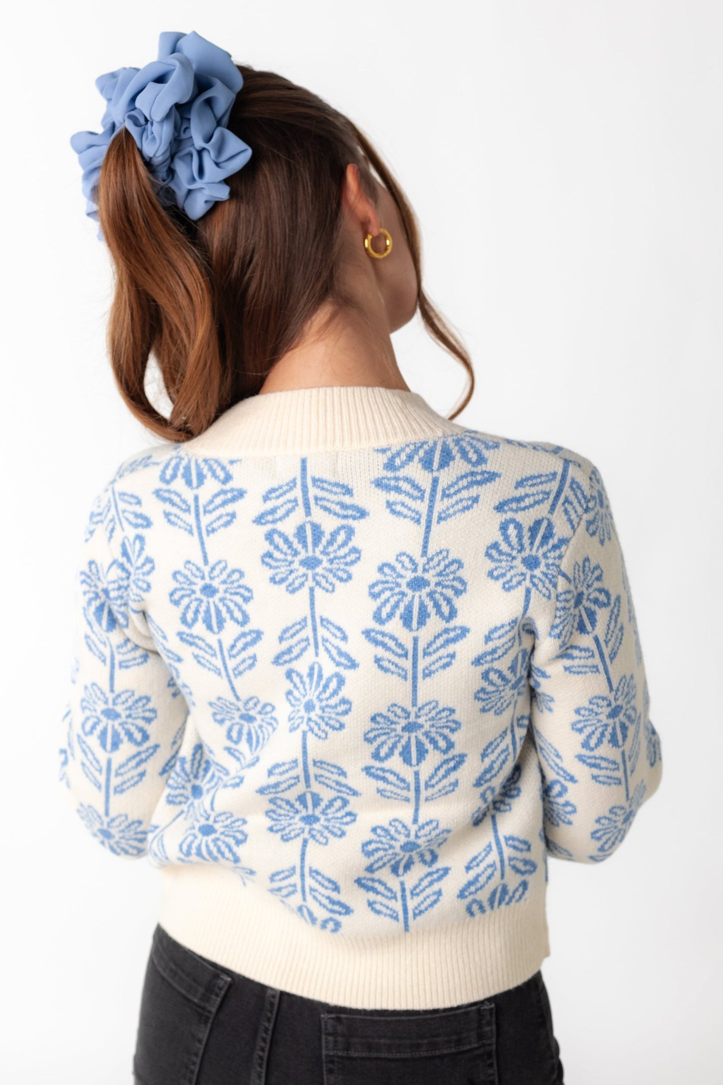 Back view of blue and cream long sleeve sweater