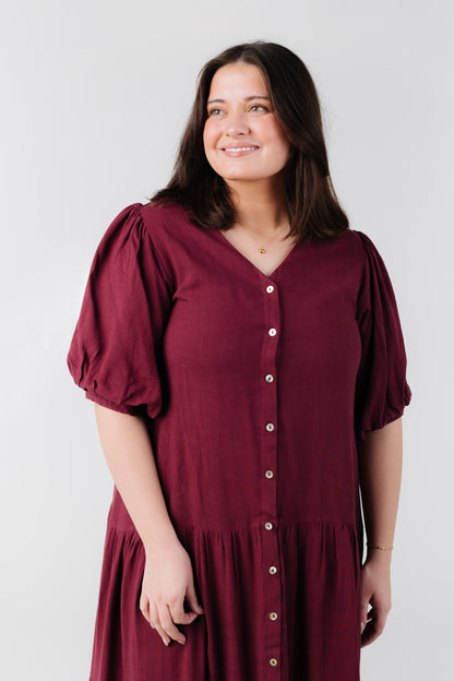 Modest plus size button down dress with V-neckline