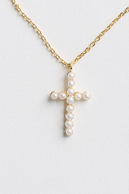 Cove Pearl Cross Necklace WOMEN'S NECKLACE Cove Accessories Pearl/Gold Plate 16"+ext 