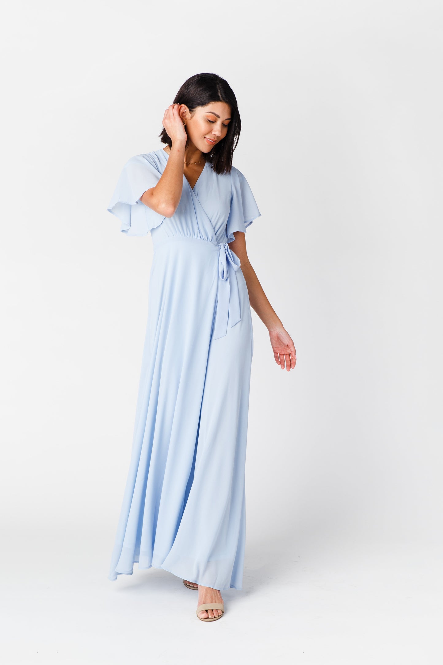 Naples Flutter Sleeve Wrap Maxi - Lt Blue Bridesmaid Dress Arbor 