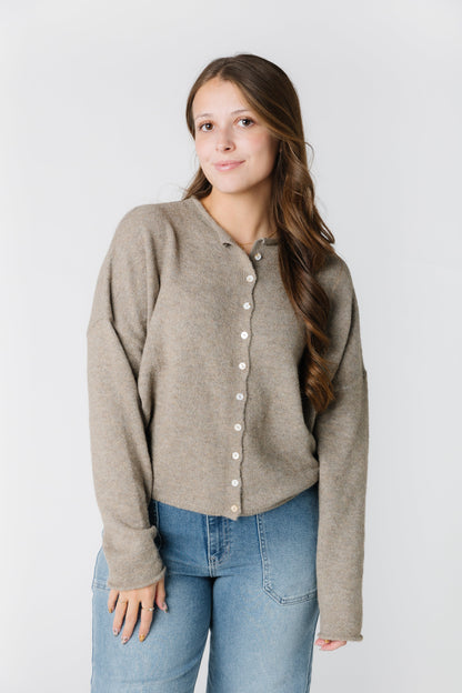 Mocha button down cardigan with rolled neckline and rolled hems