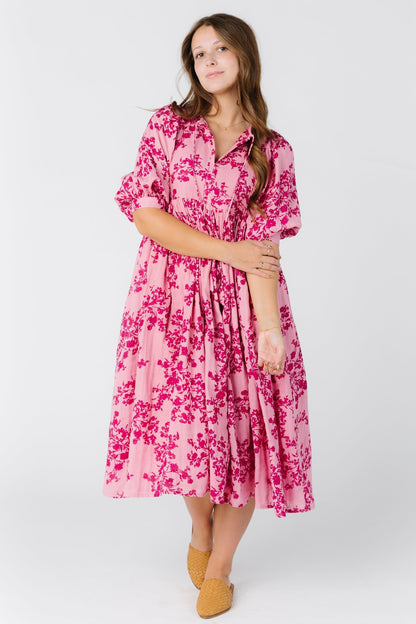 Modest plus size midi dress in pink print