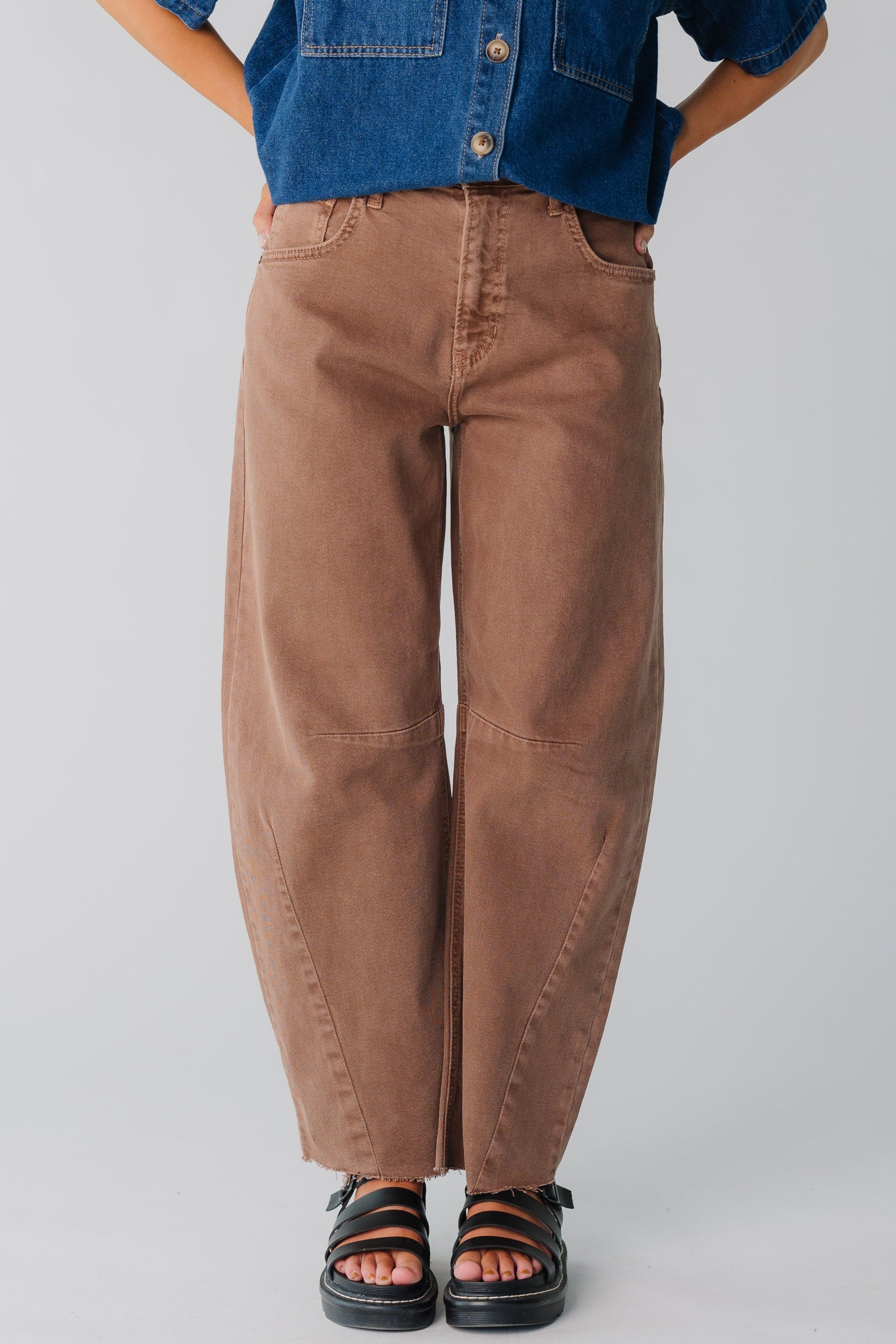 Modest women's brown full length jeans cut with wide legs