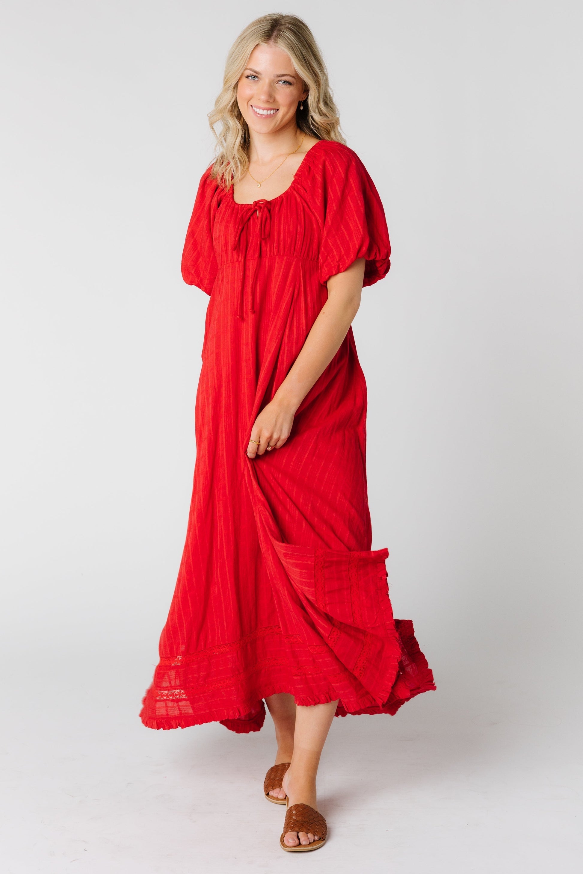 Modest woman and teens red maxi dress with short sleeves