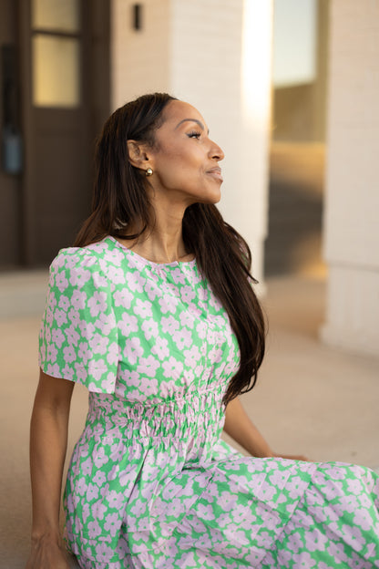 Brass & Roe Ellery Tiered Dress in Green and pale pink