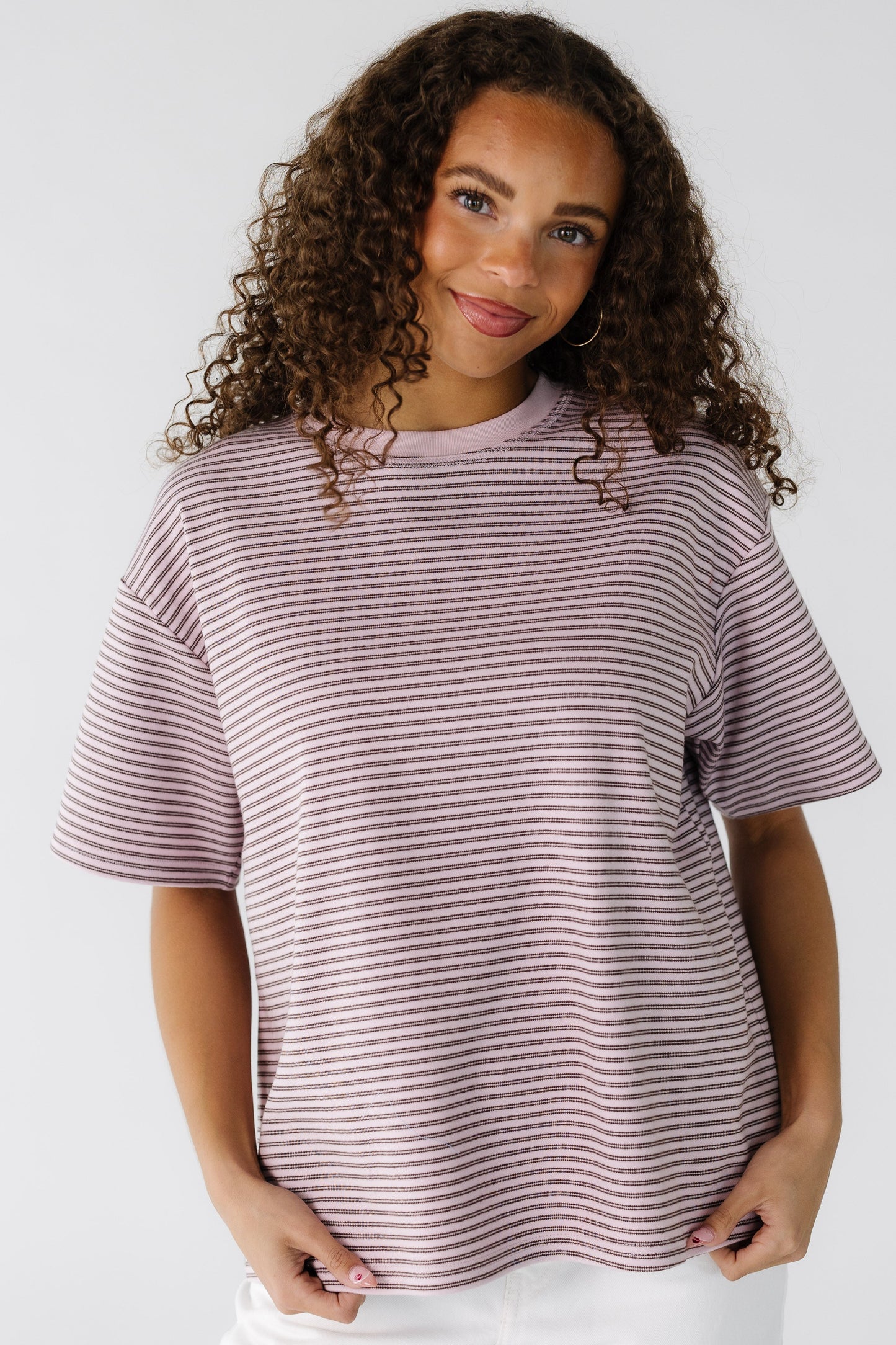 Brass & Roe Sahara Stripe Top in pink with double brown stripe for women and teens.