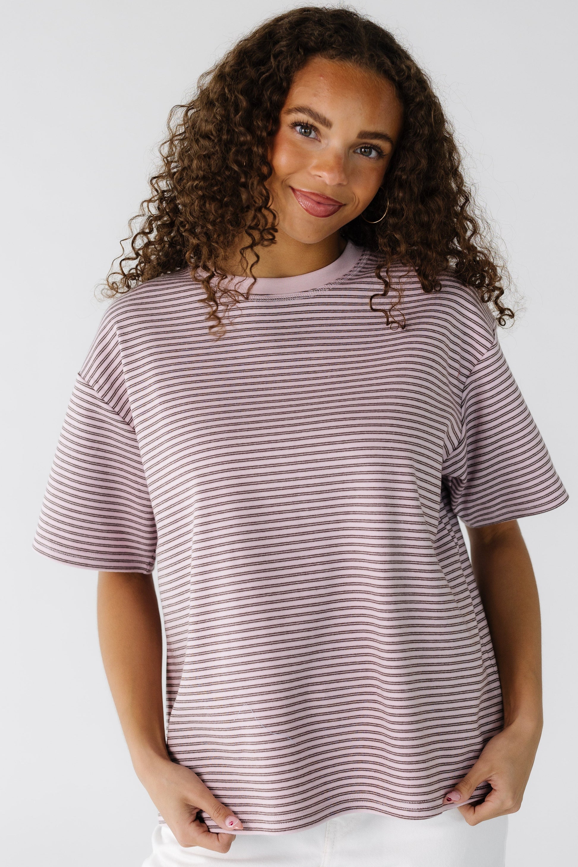 Brass & Roe Sahara Stripe Top in pink with double brown stripe for women and teens.