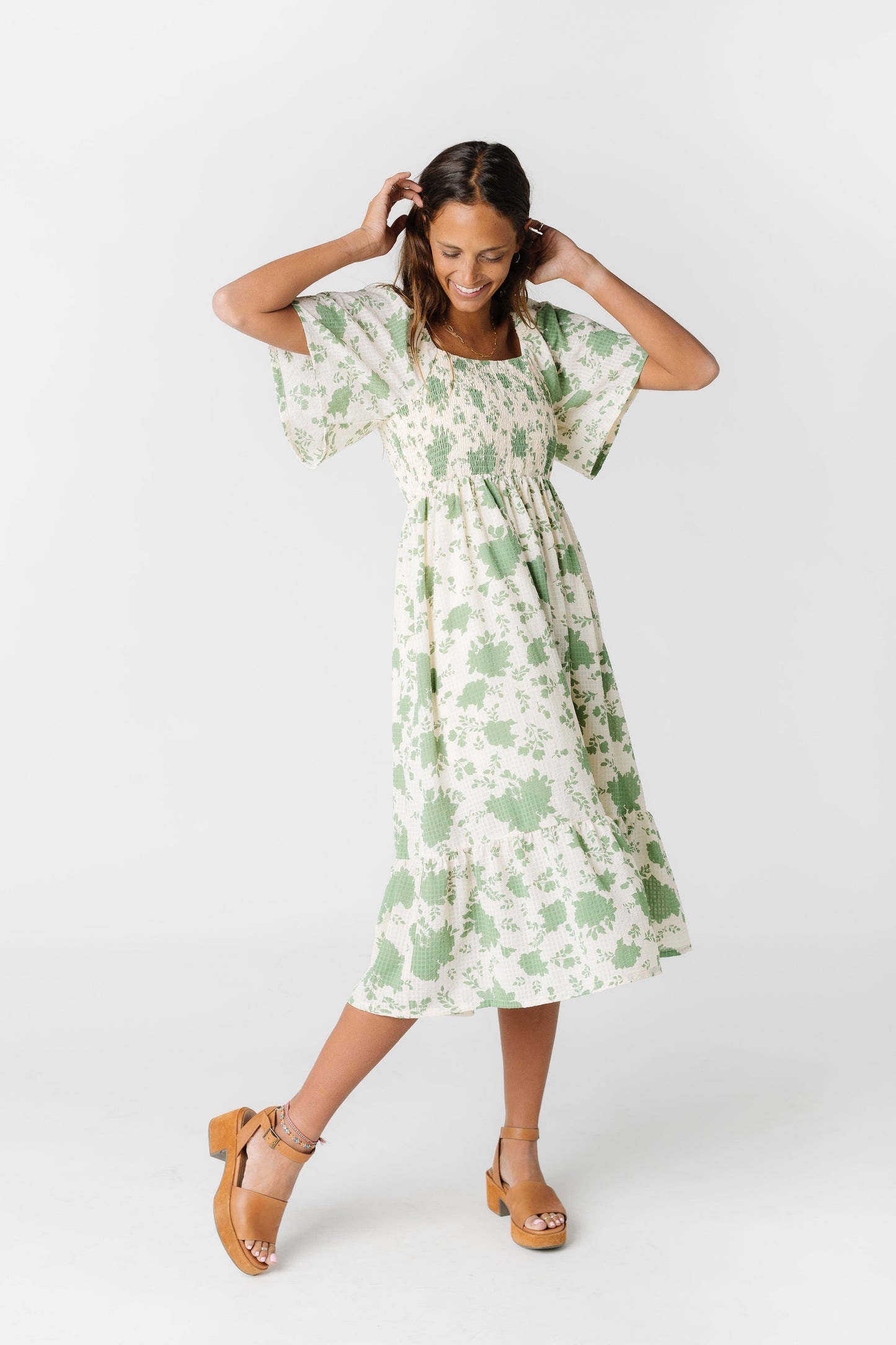 Selkie Smocked Dress Sage/Cream M WOMEN'S DRESS Mittoshop 