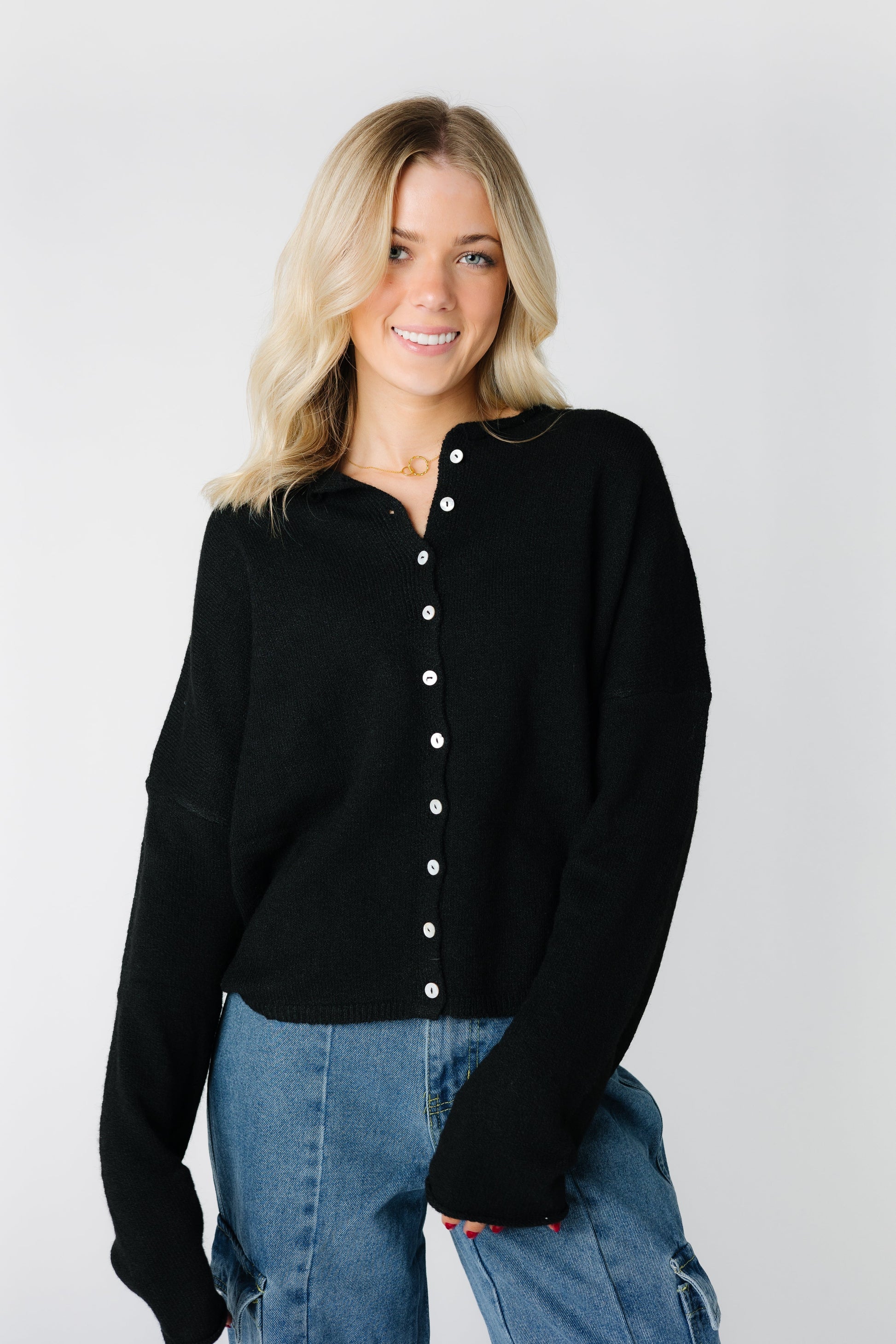 Modest black Aria button down cardigan sweater