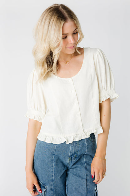 Modest button down top with scoop neckline and short puff sleeves