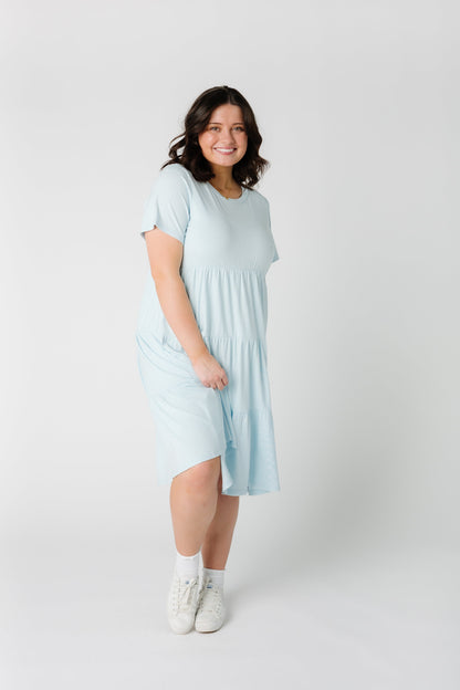 Brass & Roe Summer Ribbed Tiered Dress - Spring 2024 WOMEN'S DRESS Called to Surf Lt Blue XS 