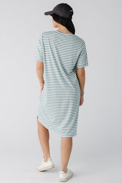 Back view of blue green stripe t-shirt dress with short sleeves