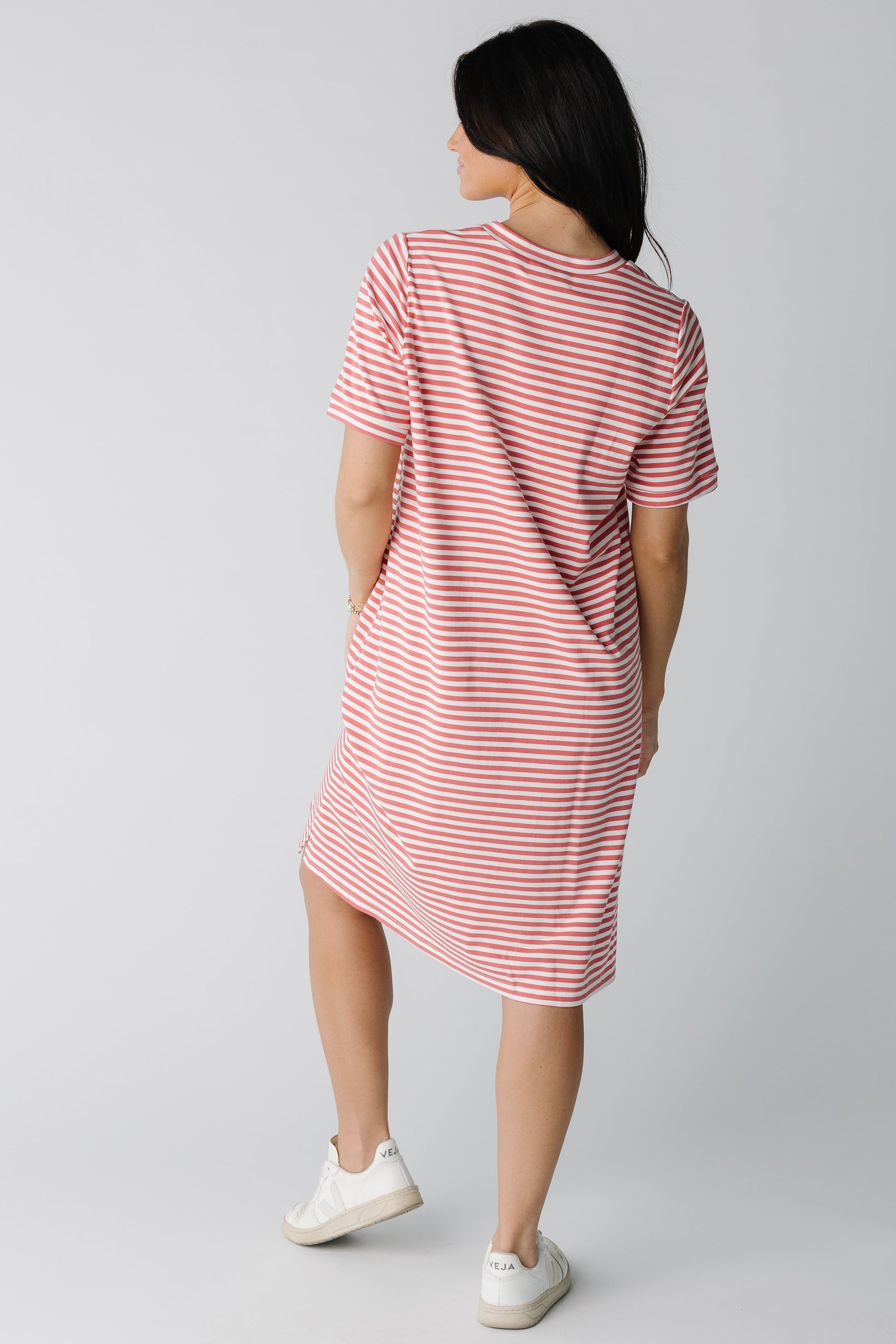 Back view of short sleeve t-shirt dress in brick and white stripe 