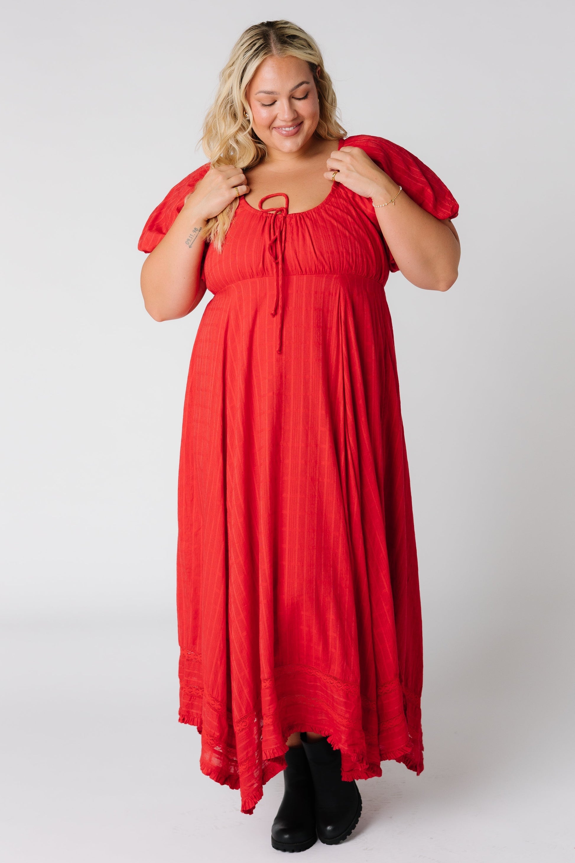 Modest Plus size red maxi dress with scoop neckline