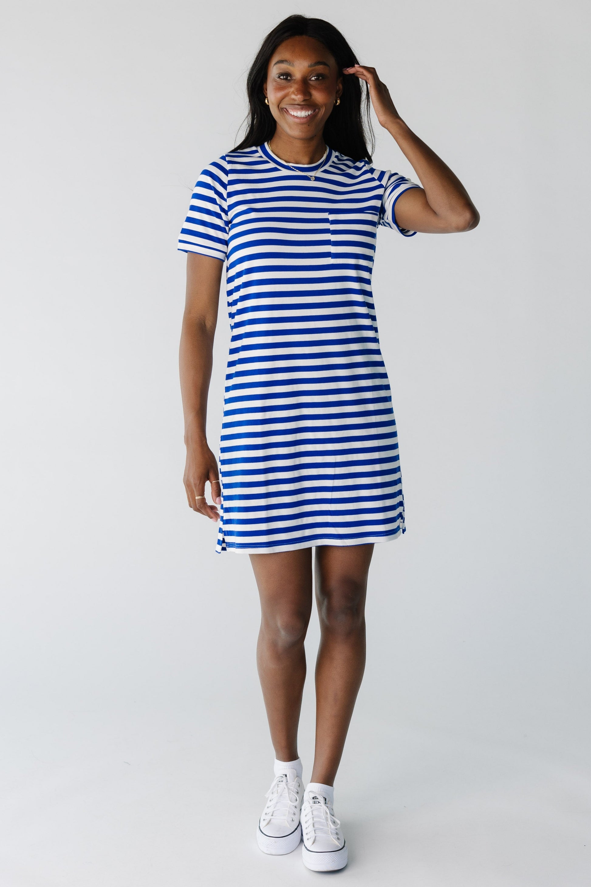 Modest t-shirt dress in royal blue and white with short sleeves and crew neckline