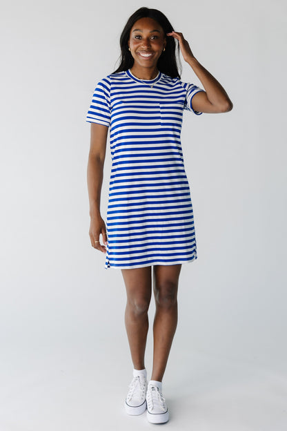 Modest t-shirt dress in royal blue and white with short sleeves and crew neckline