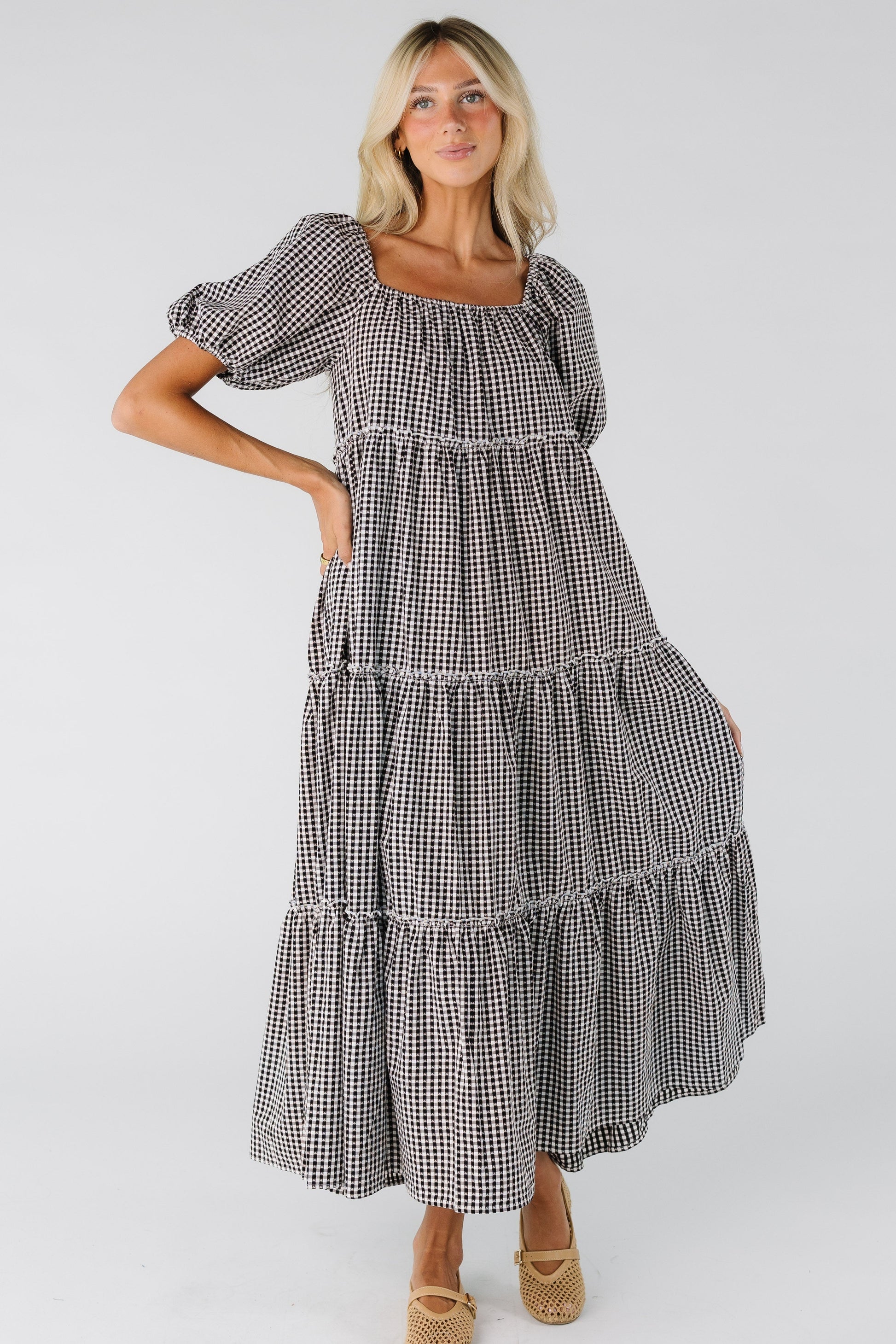 Modest woman and teens tiered midi dress with short sleeves
