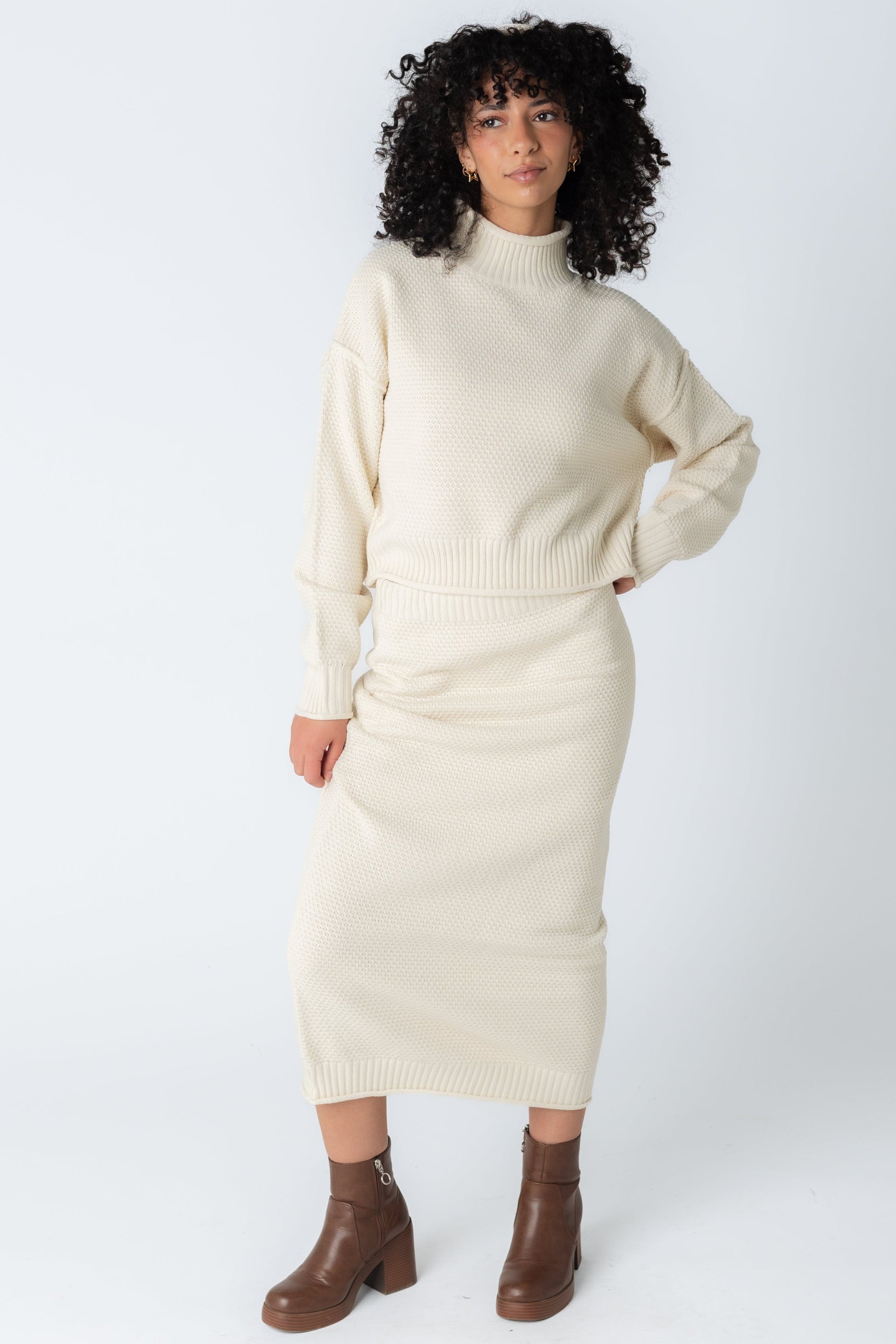 Textured midi skirt and sweater set in cream