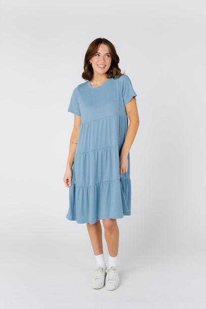 Brass & Roe Summer Ribbed Tiered Dress - Spring 2024 WOMEN'S DRESS Called to Surf Dusty Blue XS 